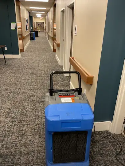 A dehumidifier running in a carpeted commercial hallway while the floor and walls dry out