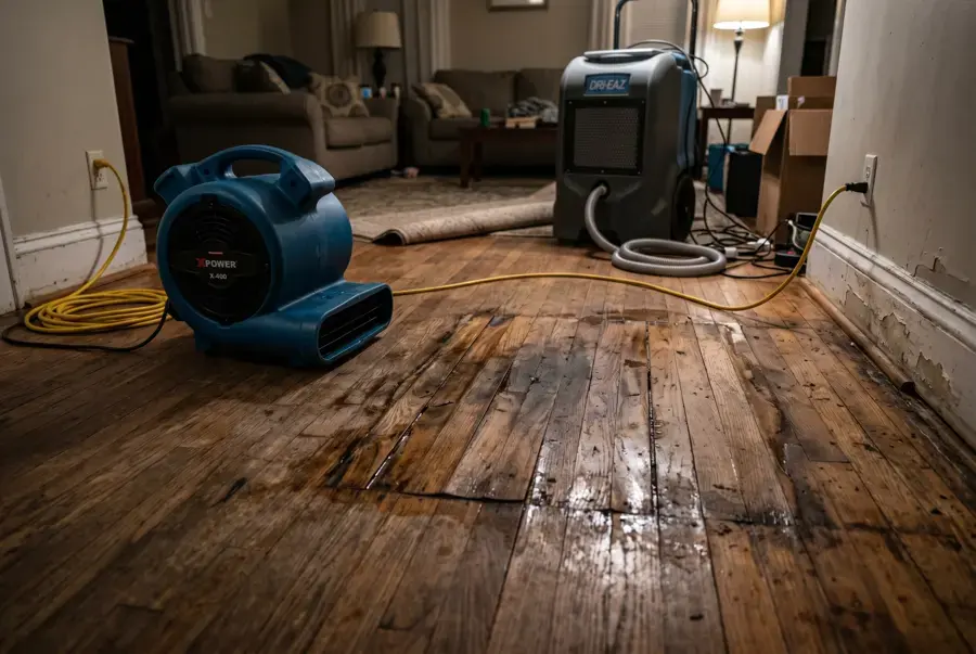 Air mover and dehumidifier drying a wet, stained hardwood floor in a Prosper, TX living room