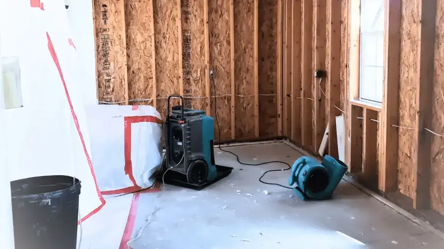 Walls opened to the studs with plastic containment, an air mover and a dehumidifier during drying in a Prosper, TX home