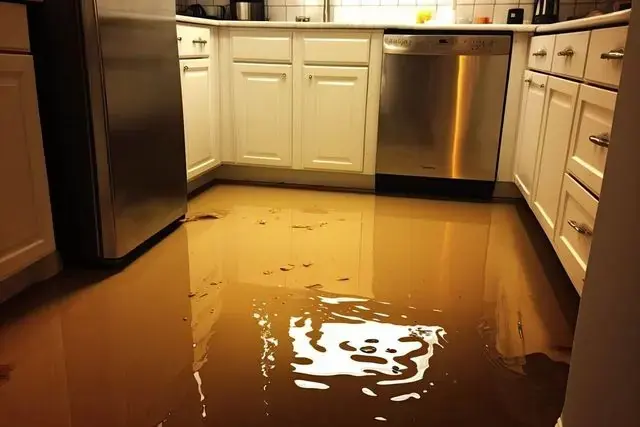 Standing water across a kitchen floor after a burst supply pipe in a Prosper, TX home
