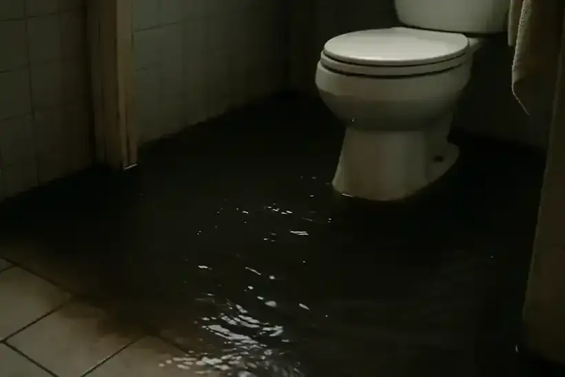 Dark sewage water backed up across a bathroom floor around a toilet in Prosper, TX