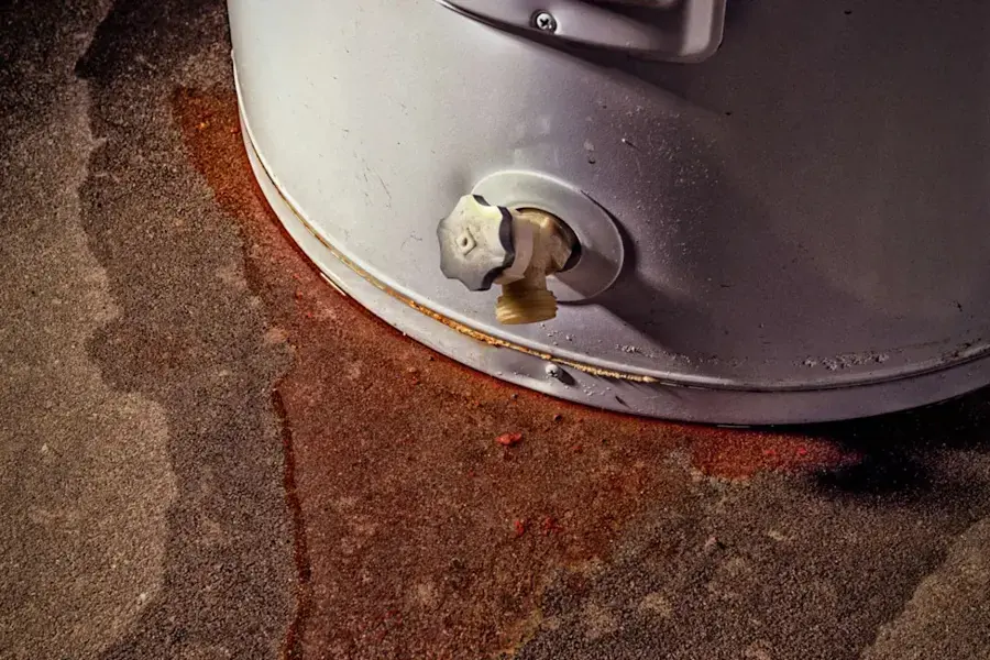 Rusty water spreading across the floor around a leaking water heater tank, the kind of cleanup Little Elm homes need